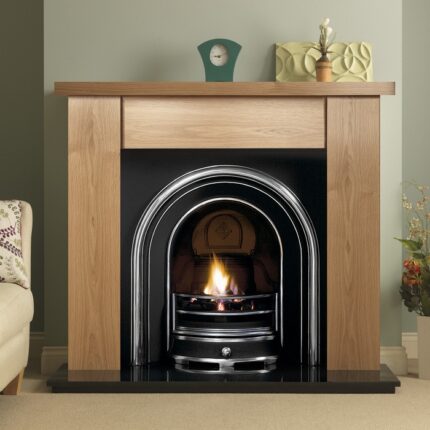 PureGlow Stanford Oak Finish 54" Surround with Langley Cast Iron Arch